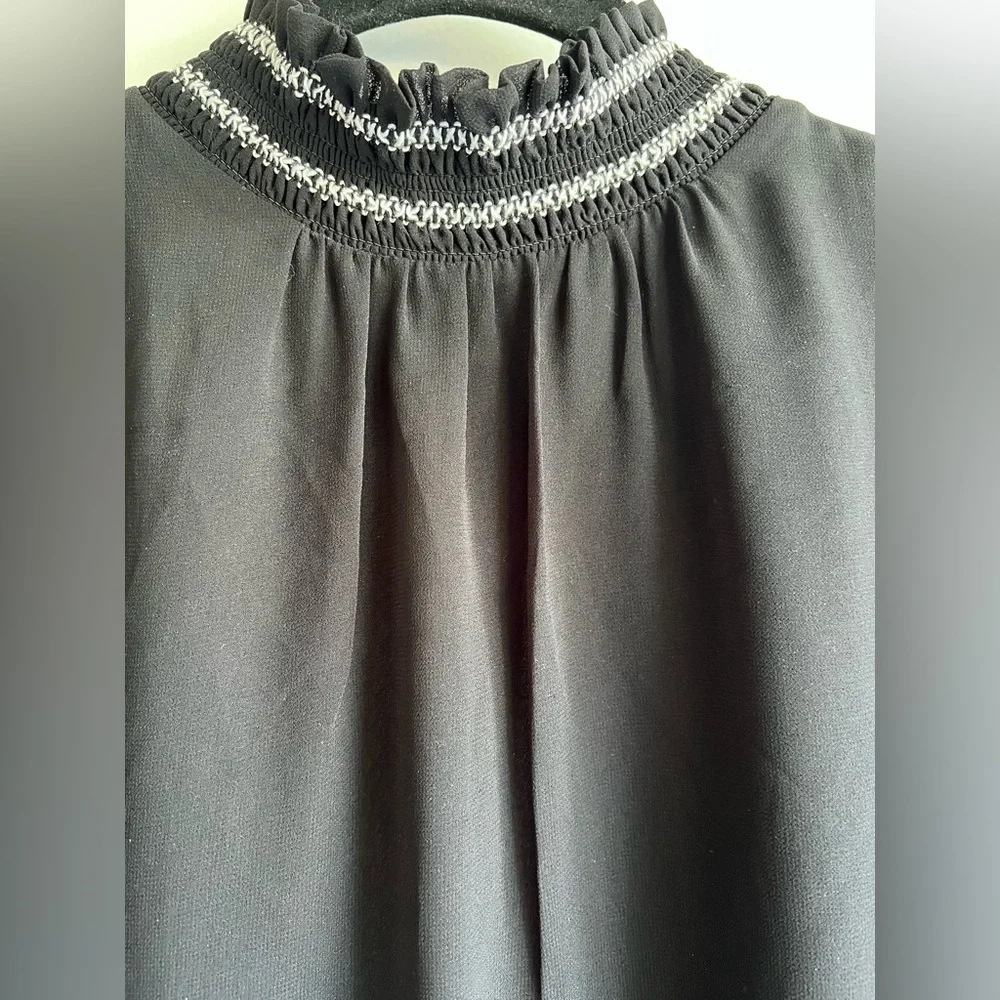 Karl Lagerfeld Paris Black Blouse Smocked Neck Puff Sheer Sleeve‎ Small